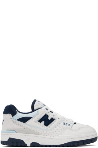 New Balance: White & Navy 550 Sneakers