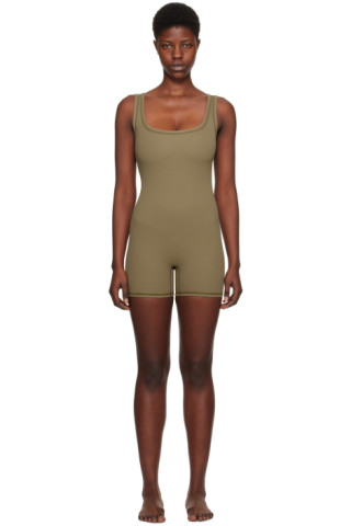 SKIMS: Khaki Cotton Rib Onesie Jumpsuit | SSENSE