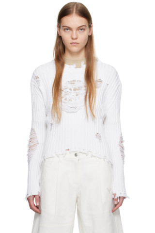White Damaged Heart Sweater by OPEN YY on Sale