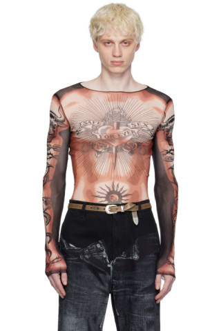 Jean Paul Gaultier: Beige & Black Printed Long Sleeve T Jean Paul Gaultier: Beige & Black Printed Long Sleeve T