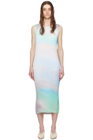 Blue Suffused Pleats Midi Dress by ISSEY MIYAKE on Sale