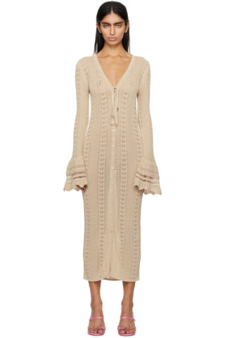 Beige Middle Button Midi Dress