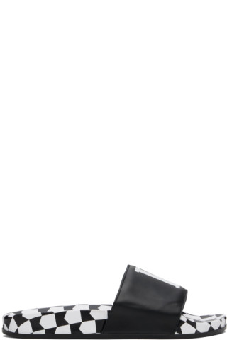 【関税込み】Rhude ブラック レザー ブロックチェック スライド Rhudeのブラック レザー ブロックチェック スライドがセール中