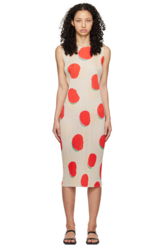 PLEATS PLEASE ISSEY MIYAKE: Off-White & Red Bean Dots Midi Dress