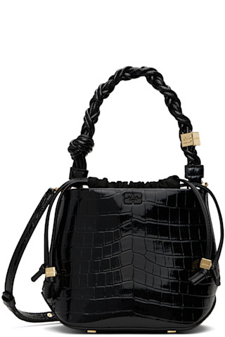 Black Croc Patent Bou Bucket Bag by GANNI on Sale