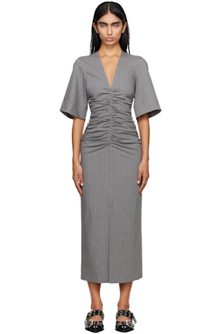 【関税込み】GANNI グレー Stripe Suiting ミディアムスカート Gray Striped Suiting Midi Dress by GANNI on Sale