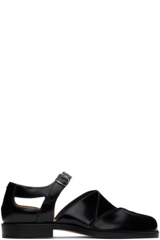 靴 maison margiela Tabi Leather Sandals Maison Margiela: Black Tabi Leather Sandals | SSENSE
