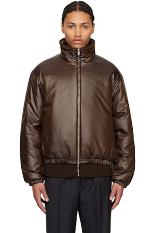 Brown Leather-Like Puffer Jacket by YOKE on Sale