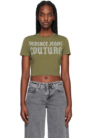 Tシャツ・カットソー VERSACE JEANS COUTURE Woman T-Shirt Green 78HAHC05CJ02C 166 Khaki Crystal Gothic Logo Crop T-shirt by Versace Jeans