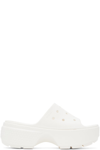White Stomp Slides by Crocs on Sale