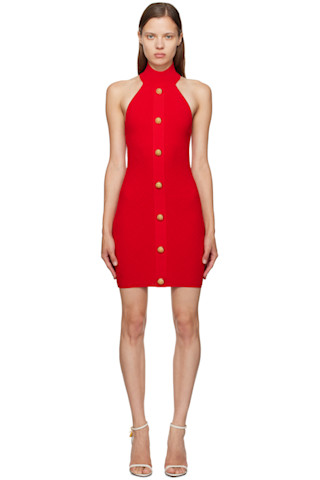 【関税込み】Balmain レッド ホルターネック ミニワンピース Balmainのレッド ホルターネック ミニワンピースがセール中