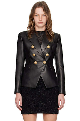 Balmain: Black Double-Breasted Leather Jacket | SSENSE