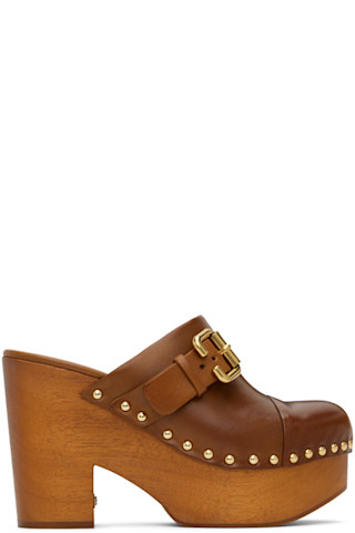 Chloé Women's Leather and Wood Jeanette Sabot Brown