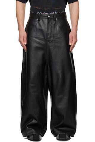 Balenciaga: ブラック Soft Shining ロークロッチ レザーパンツ Balenciaga: ブラック Soft Shining ロークロッチ レザーパンツ