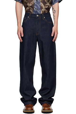 Dries Van Noten: インディゴ ワイドレッグジーンズ | SSENSE 日本 Dries Van Noten: インディゴ ワイドレッグジーンズ | SSENSE 日本