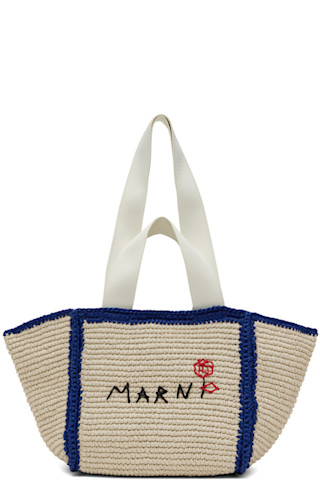 完売前に 人気 MARNI スモール Sillo マクラメ ショッパートート Marniのベージュ&ブルー スモール Sillo マクラメ ショッパー