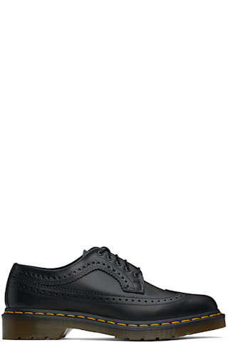 Martens: Black 3989 Yellow Stitch Smooth Leather Brogues SSENSE