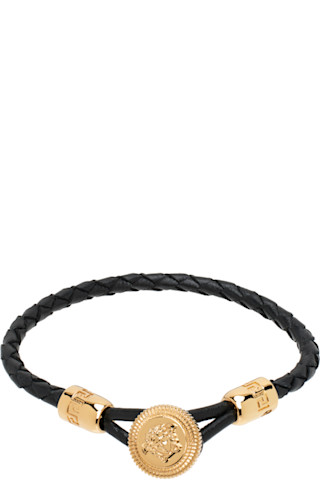 VERSACE|FASHION PROPS (MEDUSA BIGGIE BRAIDED LEATHER BR Black Medusa Biggie Braided Leather Bracelet by Versace on Sale