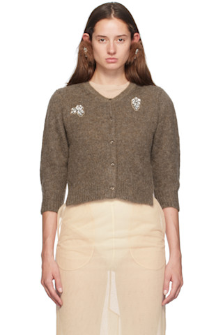 Brown Cropped Alpaca Knit Cardigan by Simone Rocha on Sale