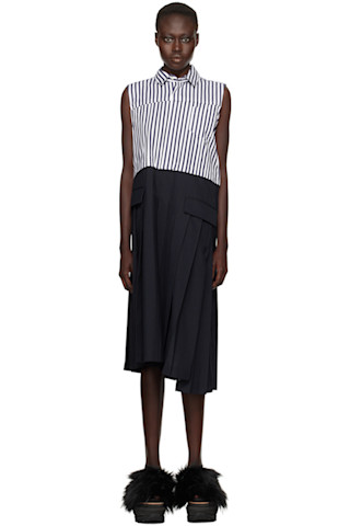 White & Navy Suiting x Cotton Poplin Midi Dress by sacai on Sale White & Navy Suiting x Cotton Poplin Midi Dress by sacai on Sale
