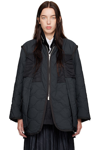 sacai: ネイビー＆ブラック リップストップ キルティングコート 