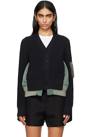 Navy & Khaki Nylon Twill x Knit Cardigan by sacai on Sale Navy & Khaki Nylon Twill x Knit Cardigan by sacai on Sale