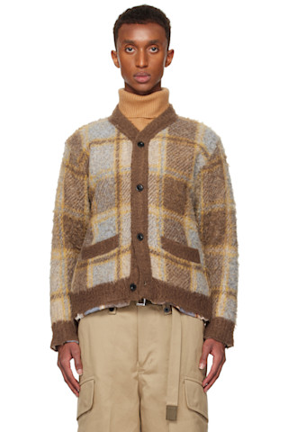 Brown Plaid Knit Cardigan by sacai on Sale Brown Plaid Knit Cardigan by sacai on Sale