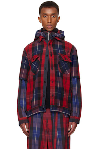 【関税込み】sacai SSENSE限定 レッド プレイド フーディ 242445M202028_1.jpg