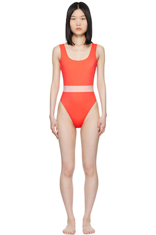 Versace Underwearのオレンジ グレカ ボーダー ワンピース スイム