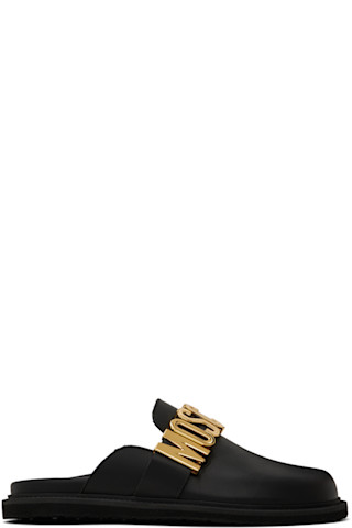 【関税込み】Moschino ブラック レタリングロゴ ミュール Moschinoのブラック カーフスキン レタリング ロゴ フラット