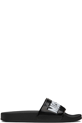 【関税込み】Moschino ブラック ラバー プールスライド Moschinoのブラック ラバー プールスライドがセール中