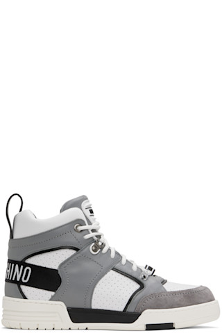 【関税込み】Moschino ホワイト&グレー Streetball スニーカー Moschinoのホワイト&グレー Streetball ハイカットスニーカーが