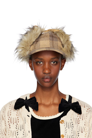 OPEN YY: Beige Tartan Faux Fur Earflap Cap | SSENSE OPEN YY: Beige Tartan Faux Fur Earflap Cap | SSENSE