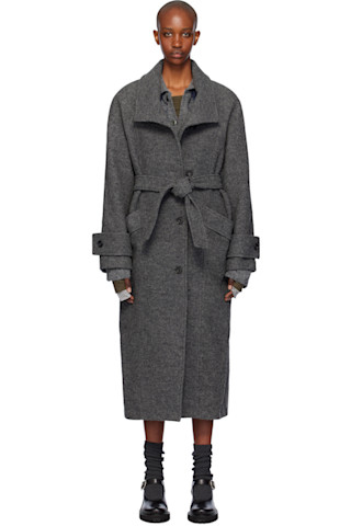 Gray Wool High-Neck Cocoon Coat by OPEN YY on Sale Gray Wool High-Neck Cocoon Coat by OPEN YY on Sale