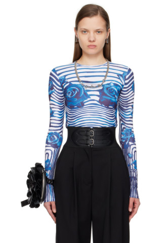 Jean Paul Gaultierのホワイト＆ブルー Flower Body Morphing 長袖T