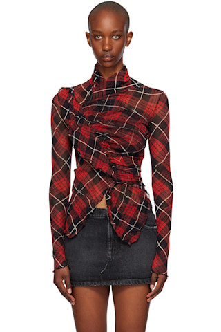 Red & Black Distorted Tartan Long Sleeve T-shirt by Jean Red & Black Distorted Tartan Long Sleeve T-shirt by Jean
