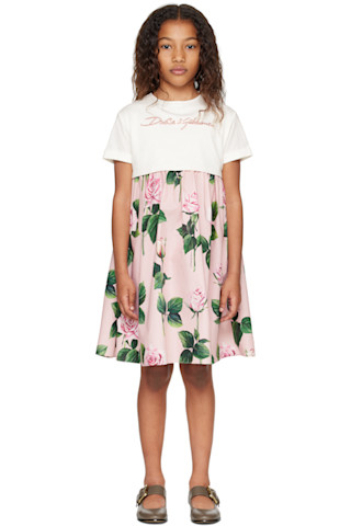 Kids Pink Rose-Print Poplin & Jersey Dress by Dolce&Gabbana on Sale