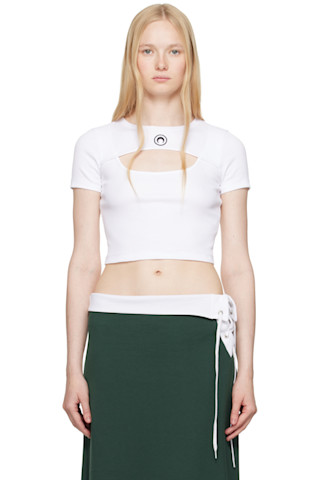 White Moon Logo Ribbed Jersey Cut-Out T-shirt by Marine Serre on Sale