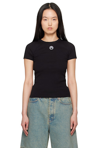 ★MARINE SERRE★ムーンロゴジャージベビーフィットTシャツ Marine Serre: ブラック Moon ロゴ ジャージ ベビーフィット T