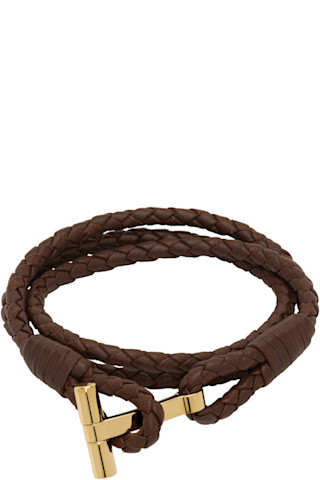 【関税込み】TOM FORD ブラウン T ブレイド レザーブレスレット 251076M142003_1.jpg