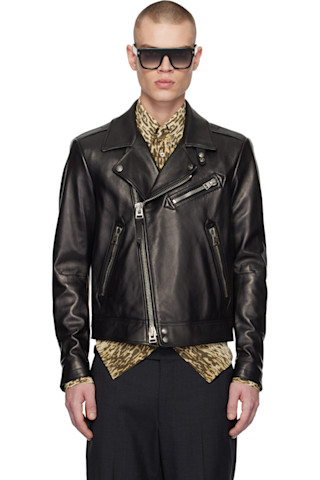 TOM FORD: ブラック グレインレザー アシンメトリー バイカー TOM FORD: ブラック グレインレザー アシンメトリー バイカー