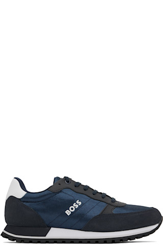 【関税込み】BOSS ネイビー Mixed-Material スニーカー BOSSのネイビー&ブラック Mixed-Material スニーカーがセール中