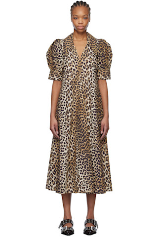 GANNI: Brown Leopard Cotton Poplin V-Neck Maxi Dress | SSENSE GANNI: Brown Leopard Cotton Poplin V-Neck Maxi Dress | SSENSE