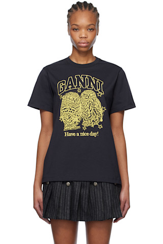 GANNI - Black Basic Jersey Owls Relaxed T-shirt