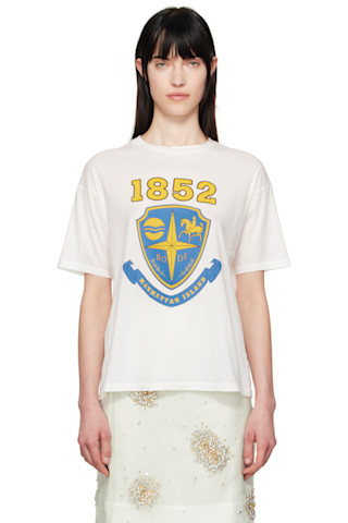 【関税込み】Bode ブルー Crest ポケットTシャツ Bode: White Crest Boxy T-shirt | SSENSE