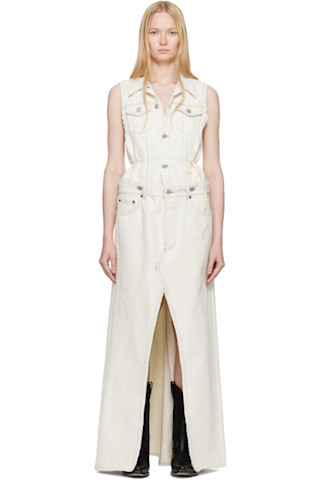 MM6 Maison Margiela: Off-White Convertible Denim Maxi Dress MM6 Maison Margiela: Off-White Convertible Denim Maxi Dress