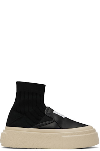 Black Leather Knit Sock Platform Sneakers by MM6 Maison