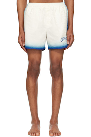 Blue & White Printed Jacquard Monogram Swim Shorts by