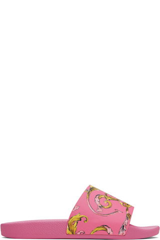 ★Versace Jeans Couture★ ピンク バロッコ プールスライド Versace Jeans Coutureのピンク アウトライン バロッコ プール