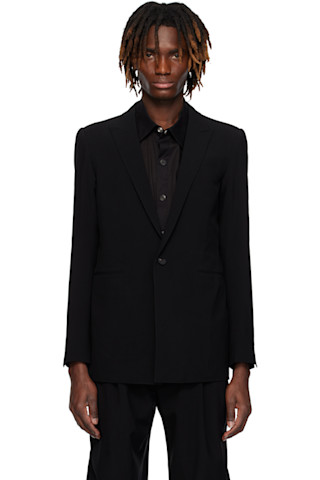 DEVOAのブラック ピークドラペルカラー ウール テーラードジャケットが